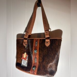 Trinity Ranch Hair On Hide Leather Western Tote Concho concealed carry Bag NWT